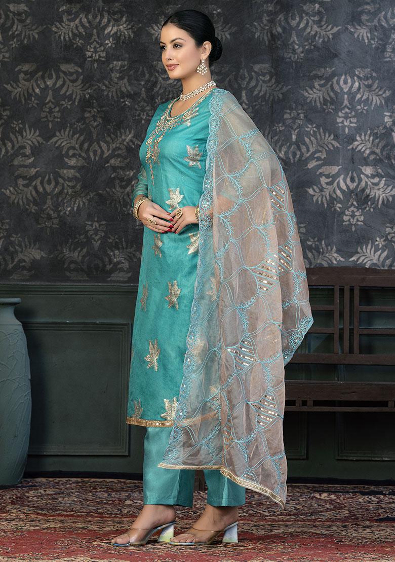 Turquoise Blue Printed Chanderi Dress Material