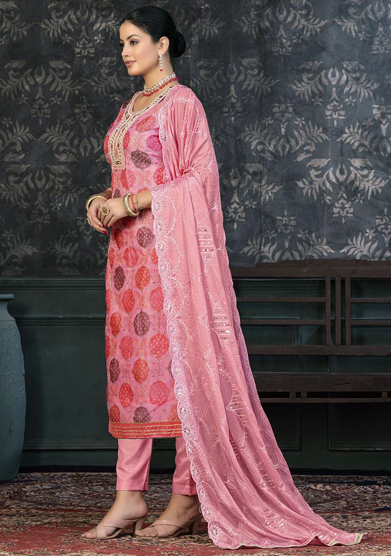 Peach Printed Cotton Dress Material