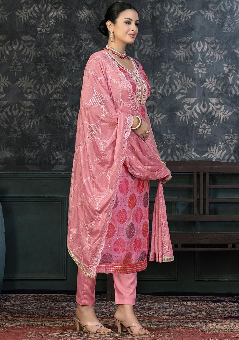 Peach Printed Cotton Dress Material