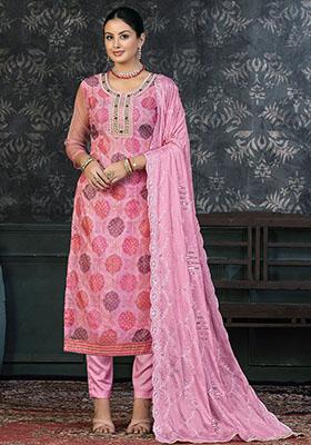 Pink Embroidered Organza Dress Material