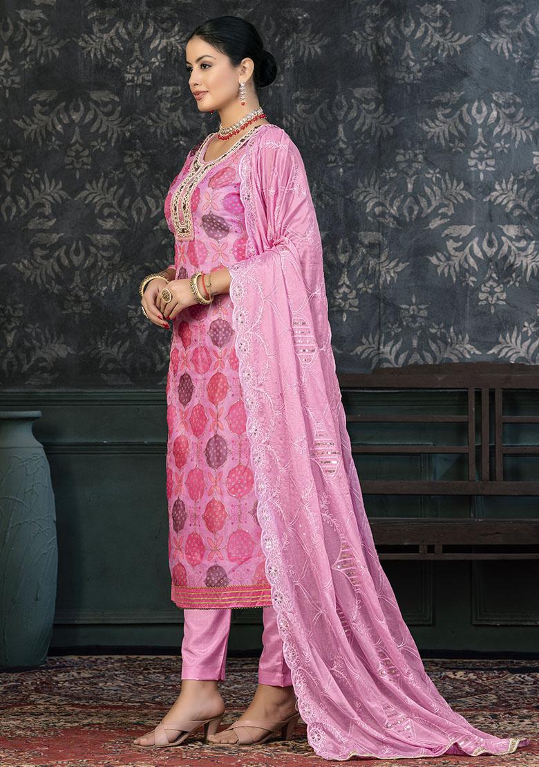 Pink Embroidered Organza Dress Material