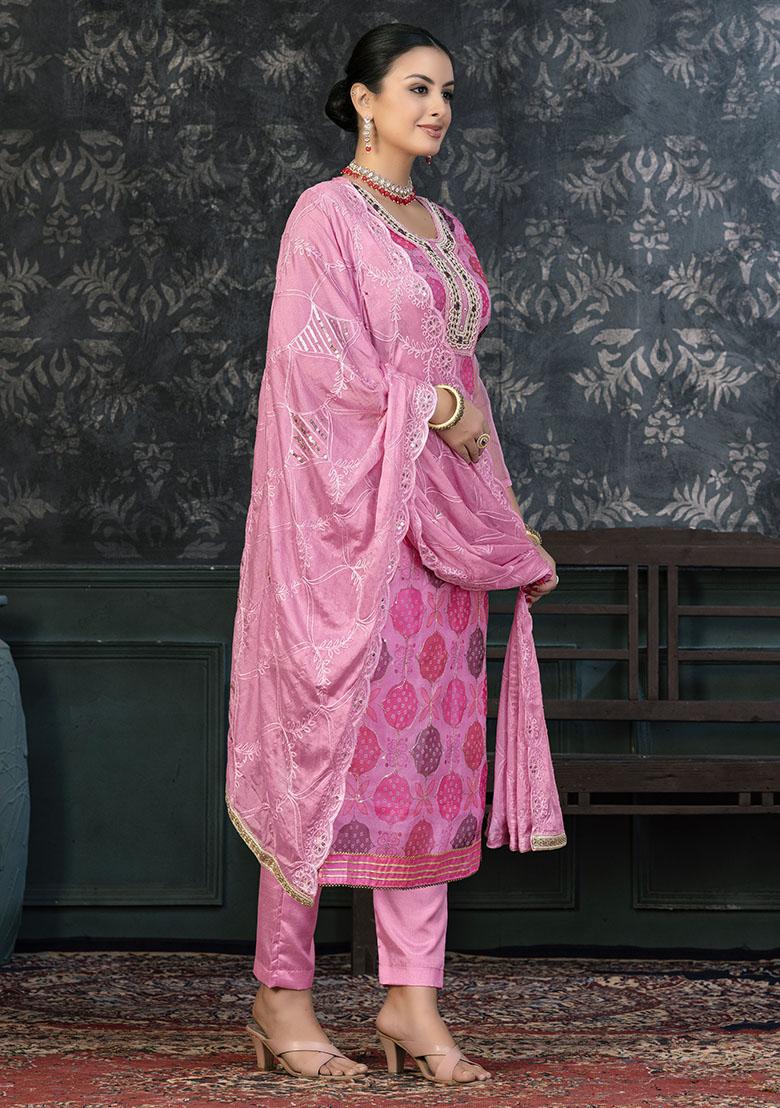 Pink Embroidered Organza Dress Material