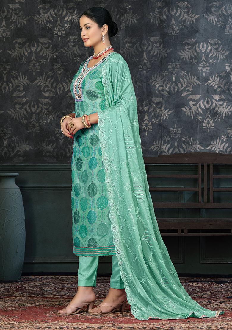 Turquoise Blue Embroidered Organza Dress Material