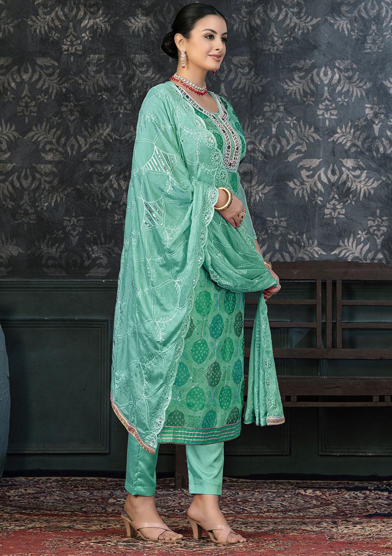 Turquoise Blue Embroidered Organza Dress Material