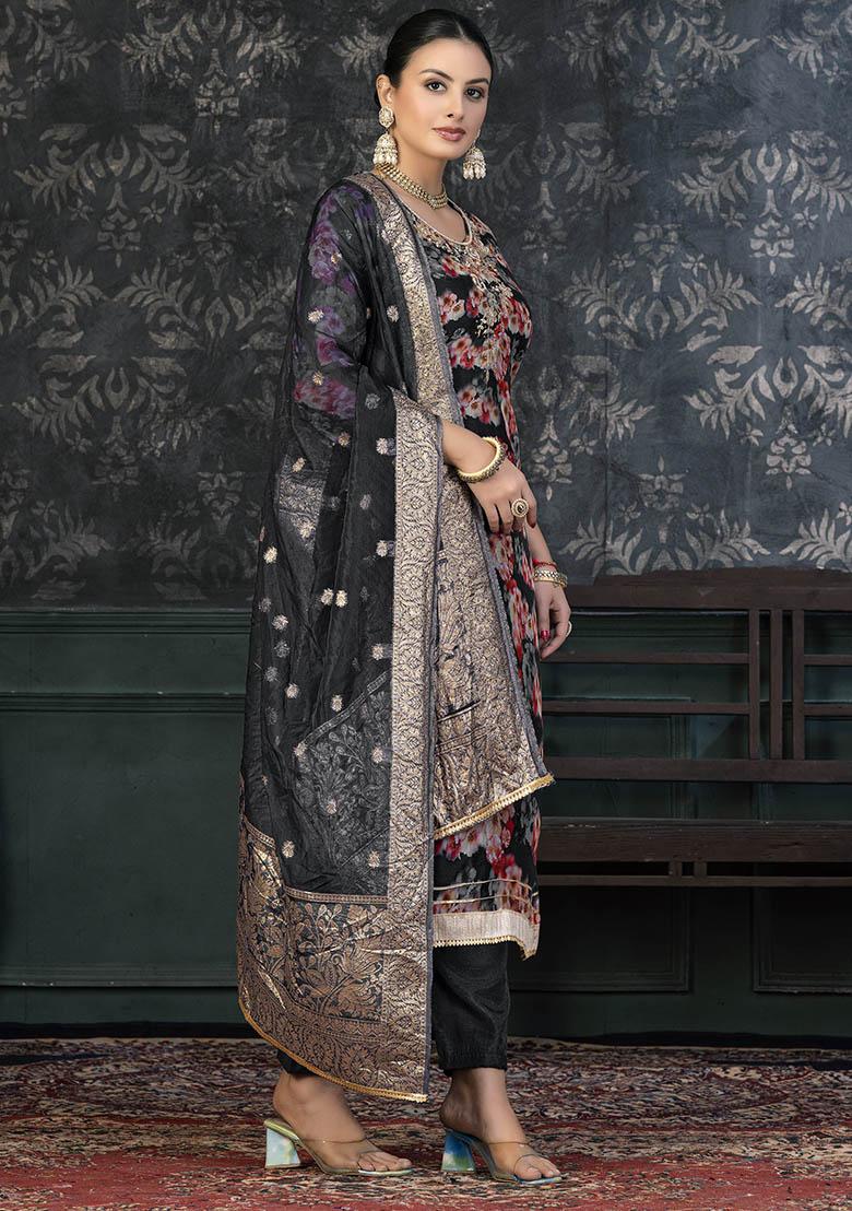 Black Embroidered Organza Dress Material