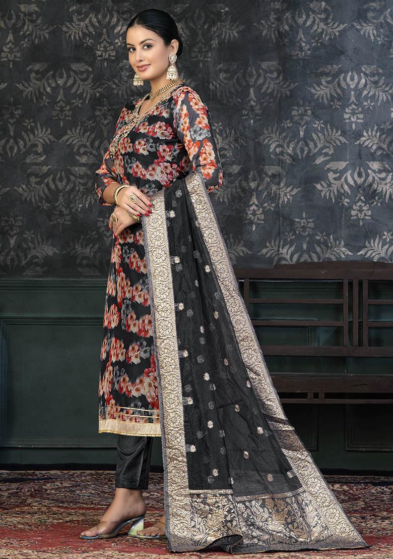 Black Embroidered Organza Dress Material