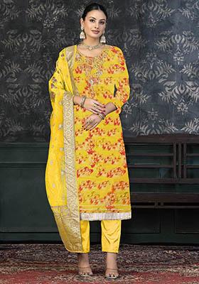 Mustard Yellow Embroidered Organza Dress Material