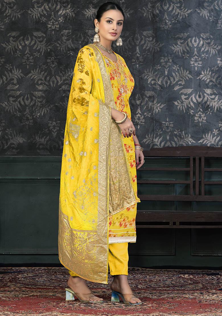 Mustard Yellow Embroidered Organza Dress Material