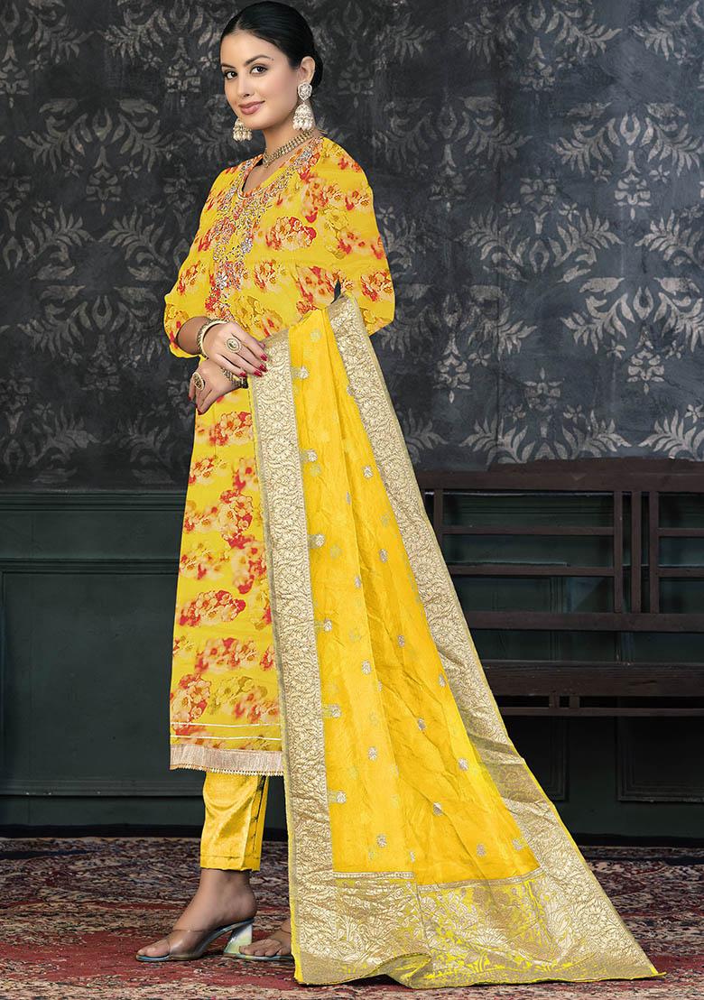 Mustard Yellow Embroidered Organza Dress Material