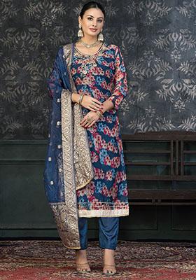 Navy Blue Embroidered Modal Dress Material