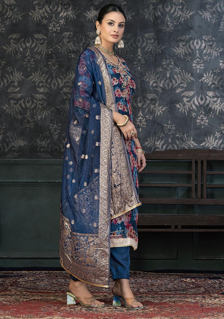 Navy Blue Embroidered Modal Dress Material