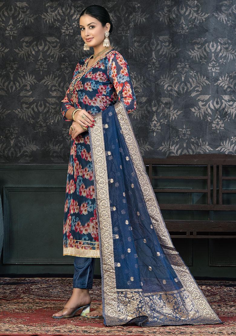 Navy Blue Embroidered Modal Dress Material