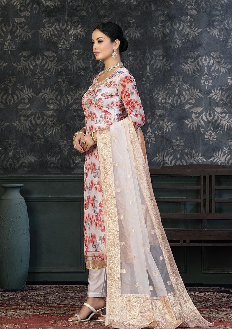 White Embroidered Modal Dress Material