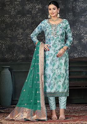 Turquoise Blue Embroidered Modal Dress Material