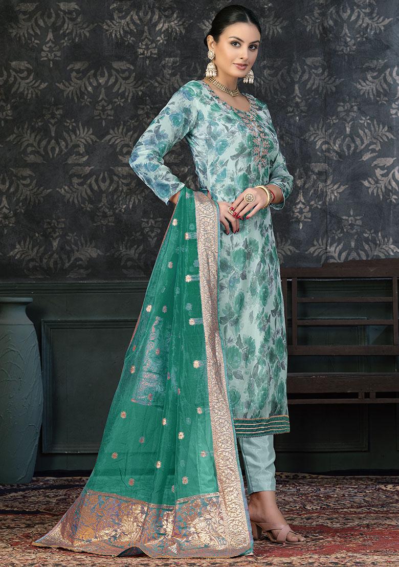 Turquoise Blue Embroidered Modal Dress Material
