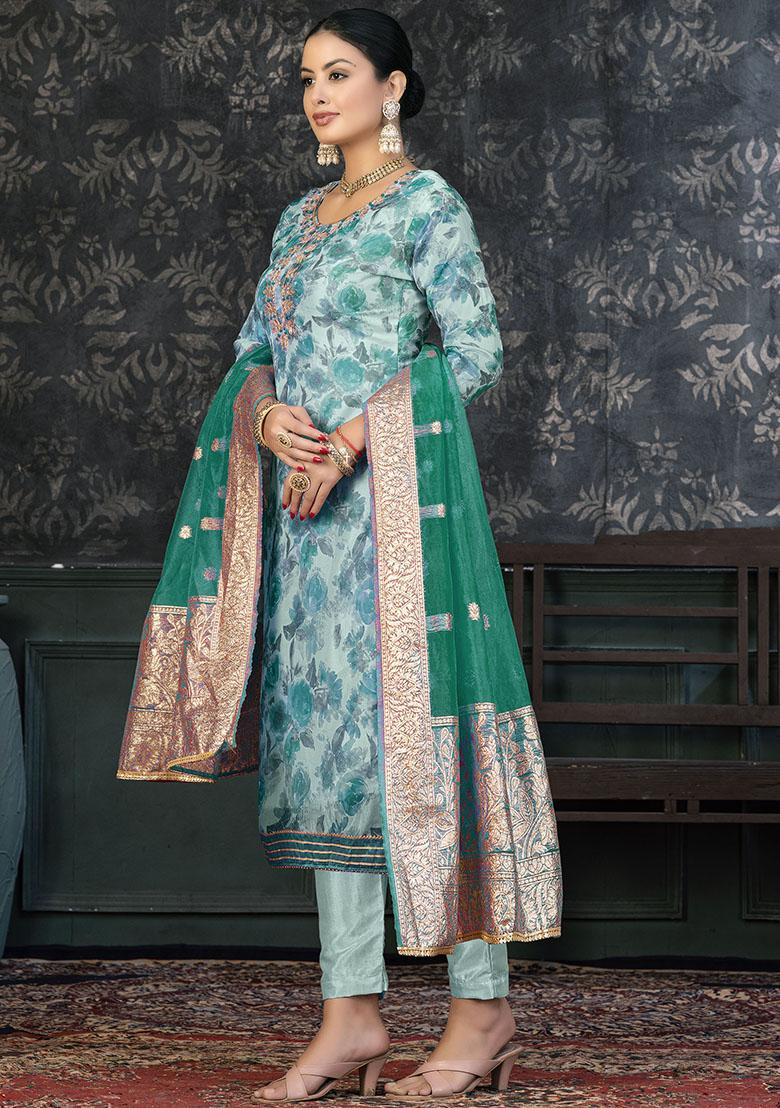Turquoise Blue Embroidered Modal Dress Material