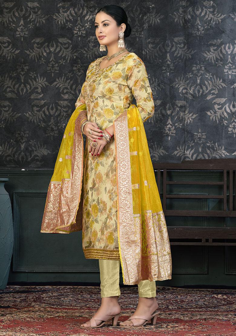 Yellow Embroidered Modal Dress Material