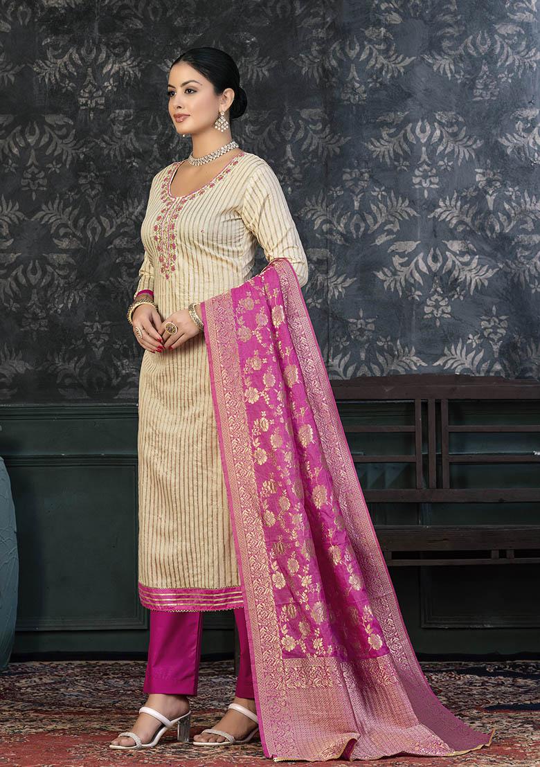Rani Pink Embroidered Modal Dress Material