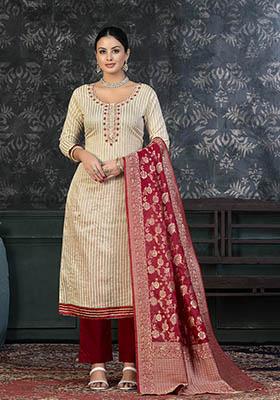Red Embroidered Modal Dress Material