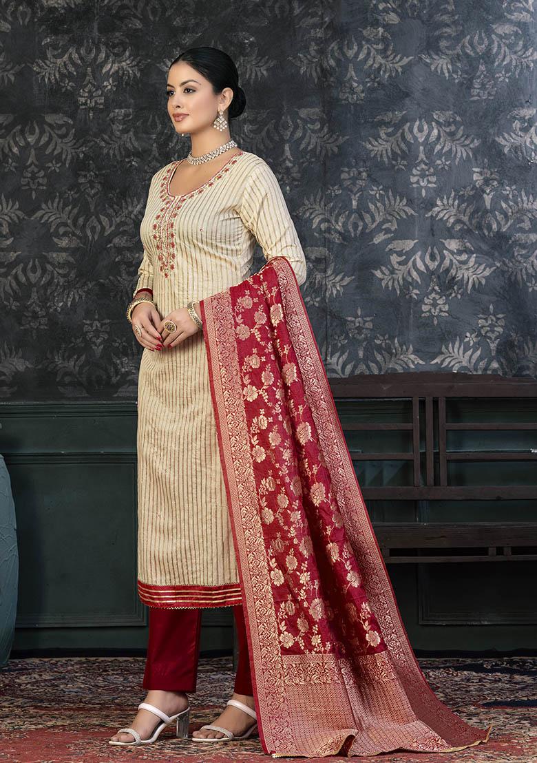 Red Embroidered Modal Dress Material