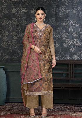 Brown Embroidered Organza Dress Material