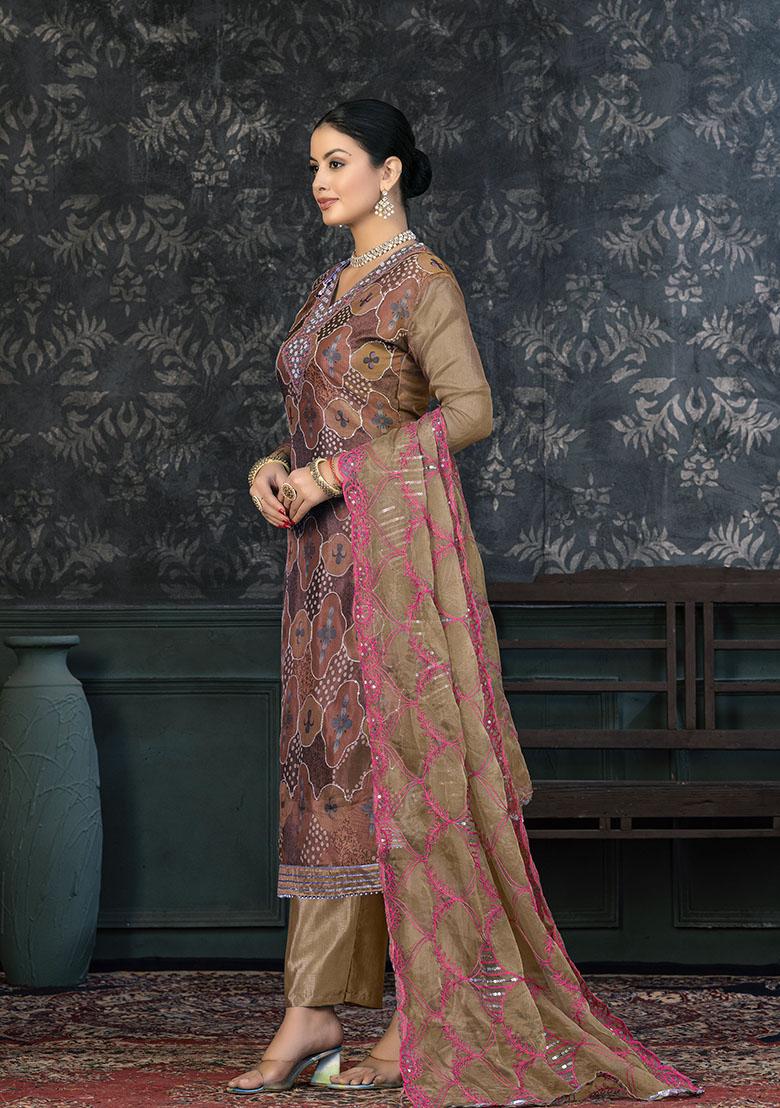 Brown Embroidered Organza Dress Material