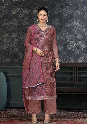 Peach Embroidered Organza Dress Material