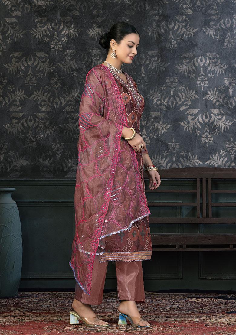 Peach Embroidered Organza Dress Material