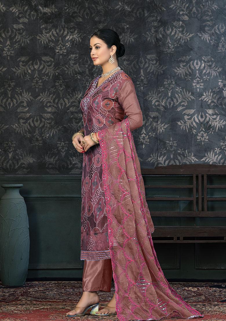 Peach Embroidered Organza Dress Material