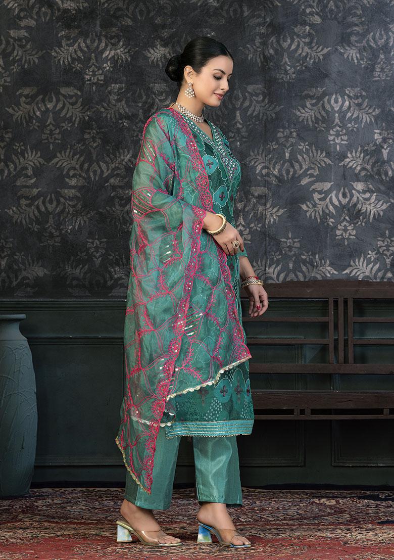 Turquoise Blue Embroidered Organza Dress Material