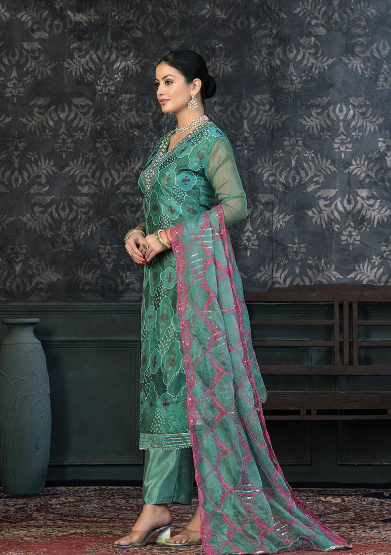 Turquoise Blue Embroidered Organza Dress Material