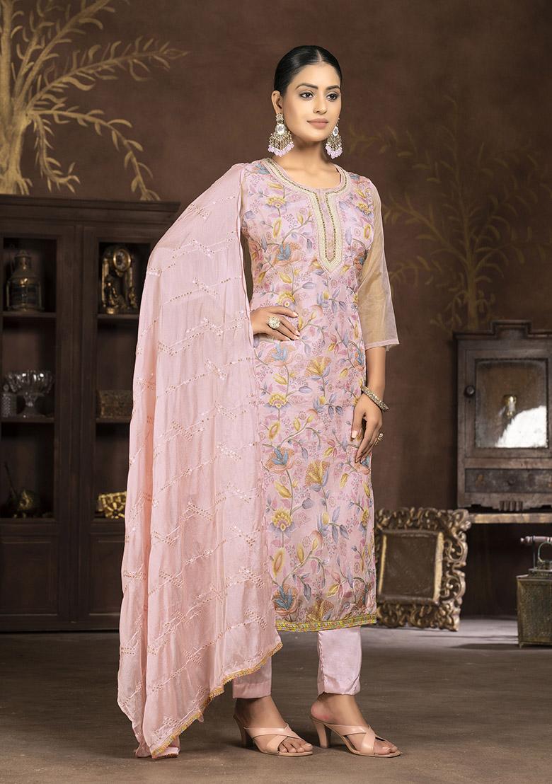 Peach Embroidered Organza Dress Material