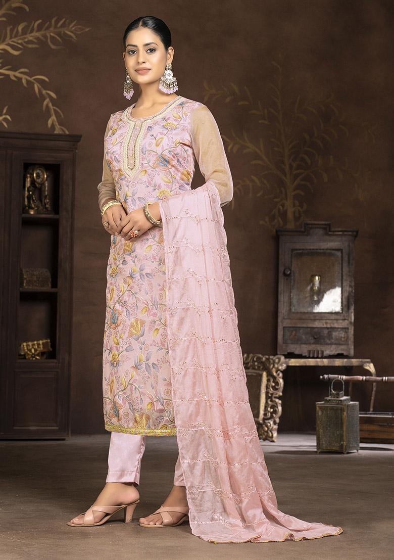 Peach Embroidered Organza Dress Material