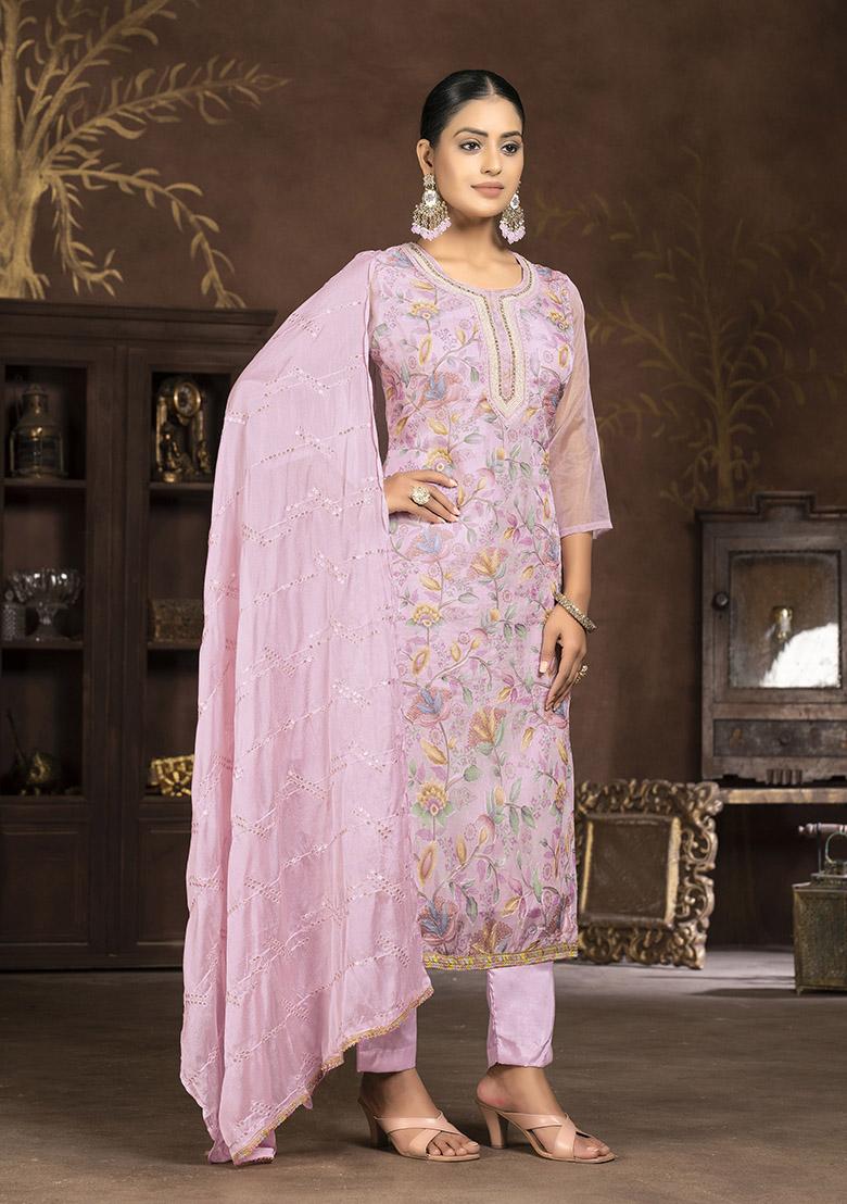 Pink Embroidered Organza Dress Material