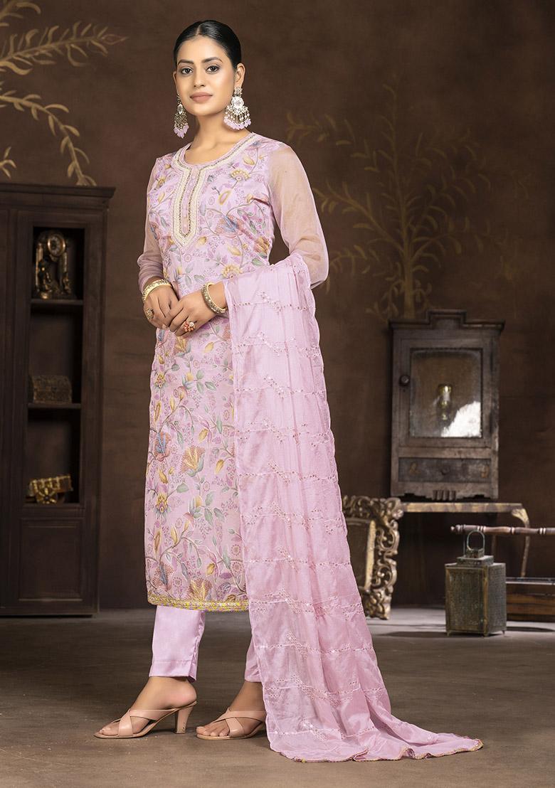 Pink Embroidered Organza Dress Material