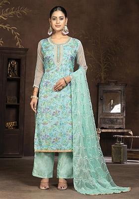 Turquoise Blue Embroidered Organza Dress Material