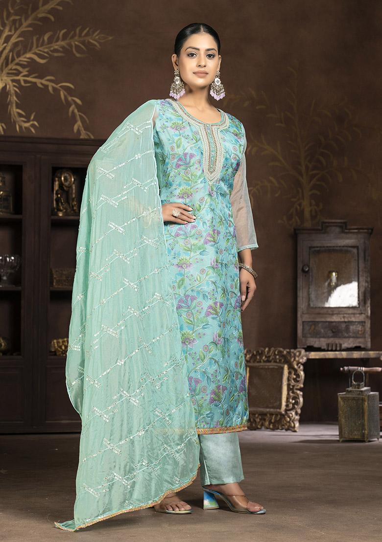 Turquoise Blue Embroidered Organza Dress Material