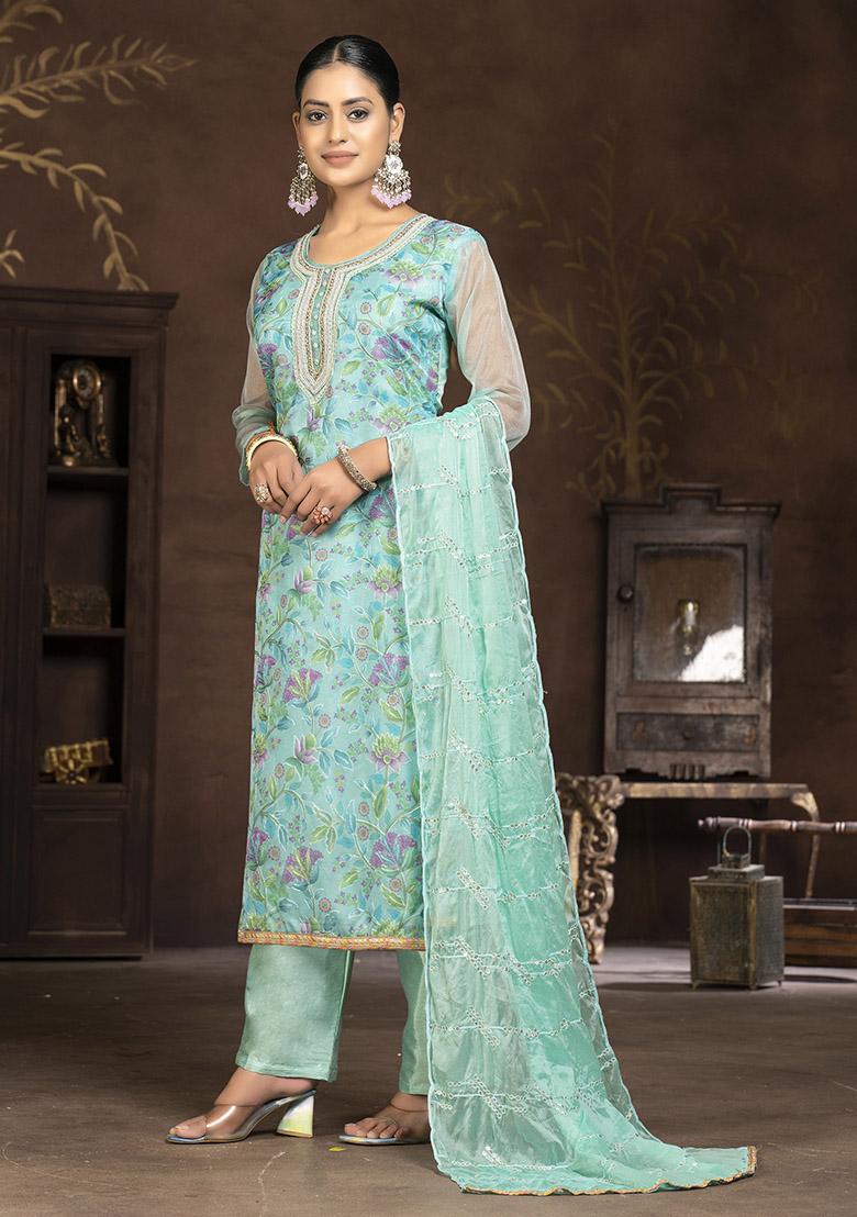 Turquoise Blue Embroidered Organza Dress Material