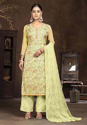 Yellow Embroidered Organza Dress Material