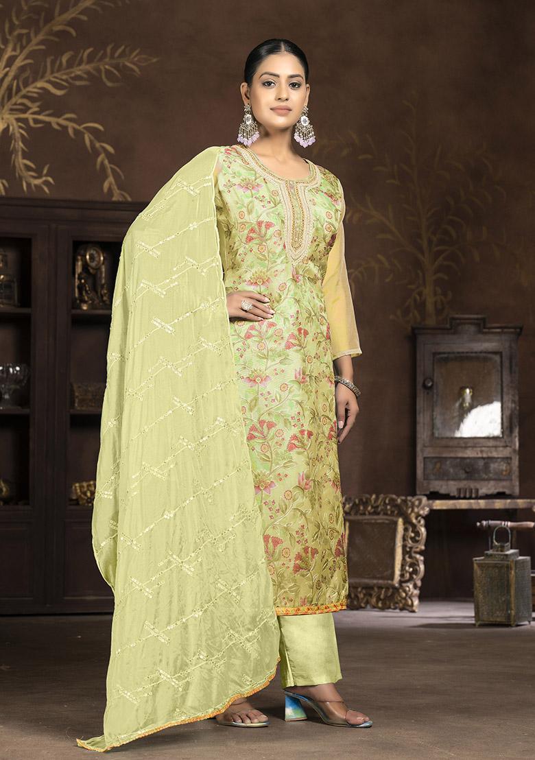 Yellow Embroidered Organza Dress Material