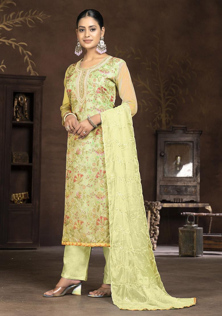 Yellow Embroidered Organza Dress Material