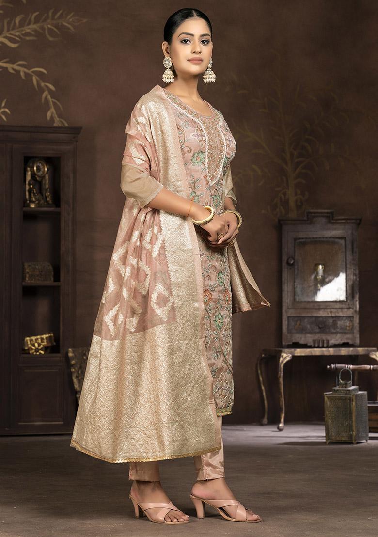 Peach Striped Modal Dress Material