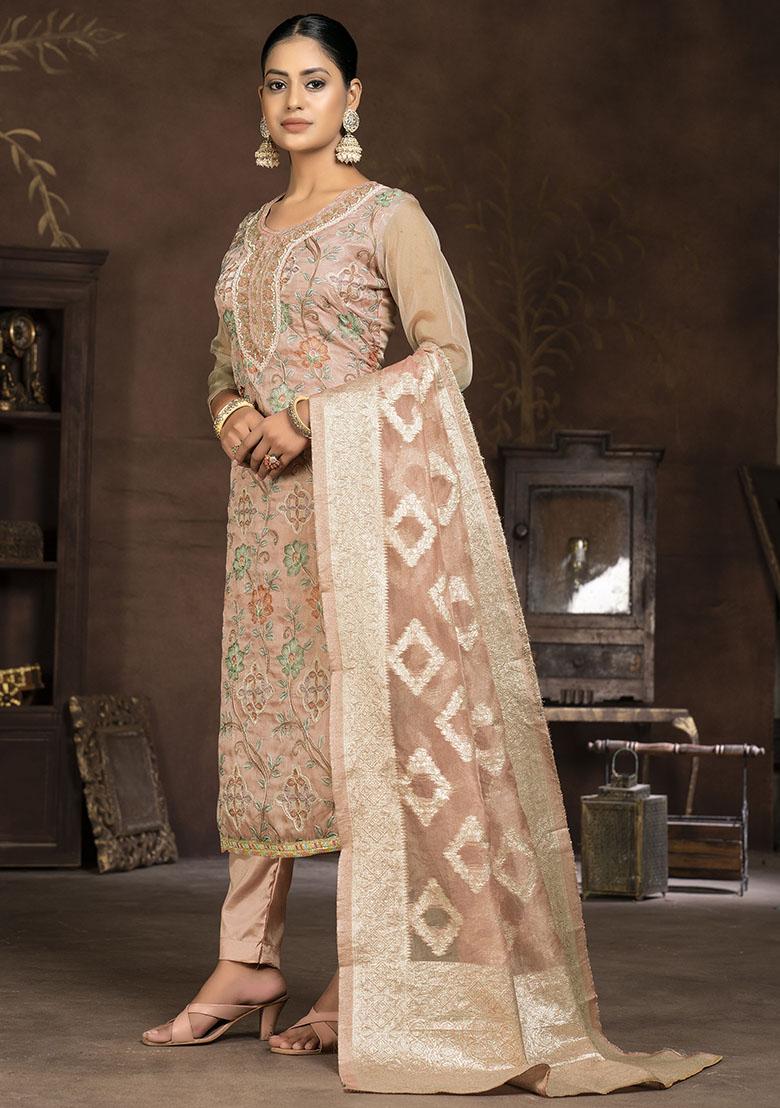 Peach Striped Modal Dress Material