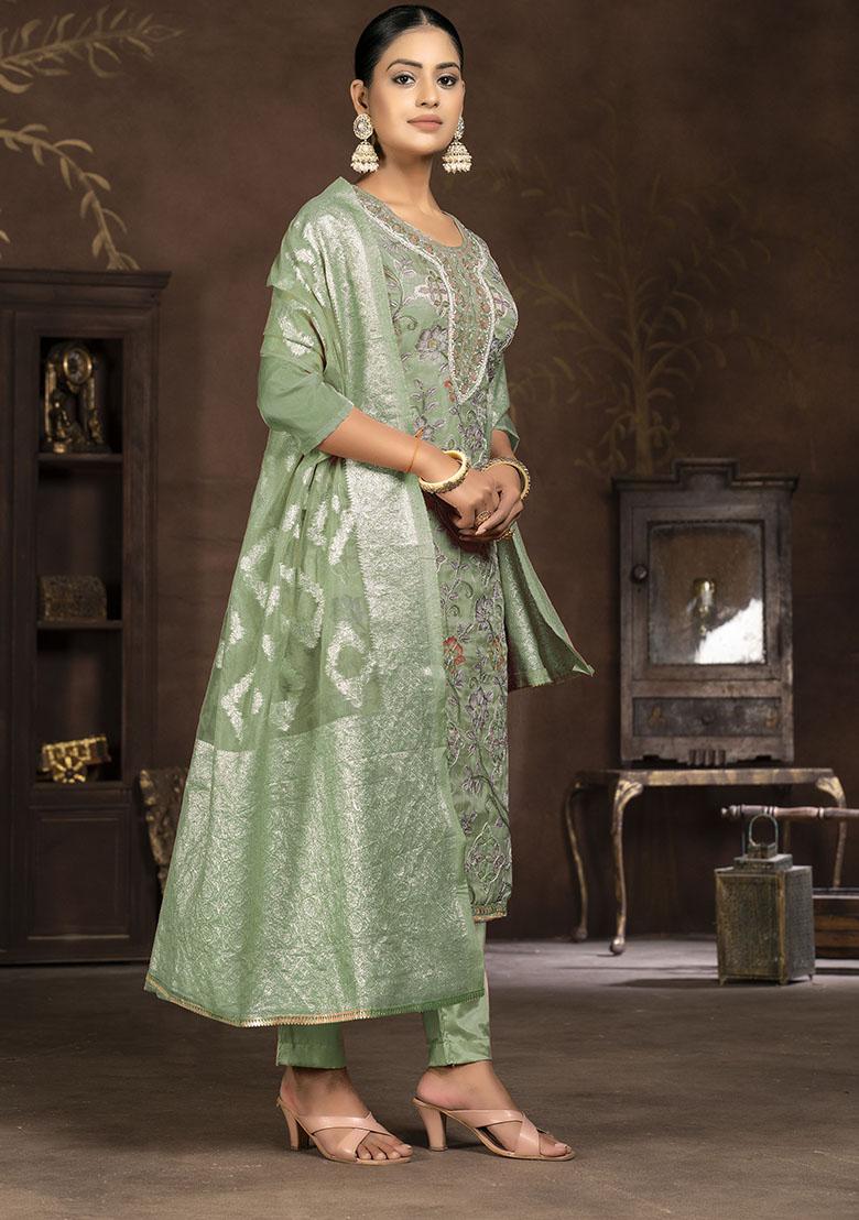 Pista Green Striped Modal Dress Material