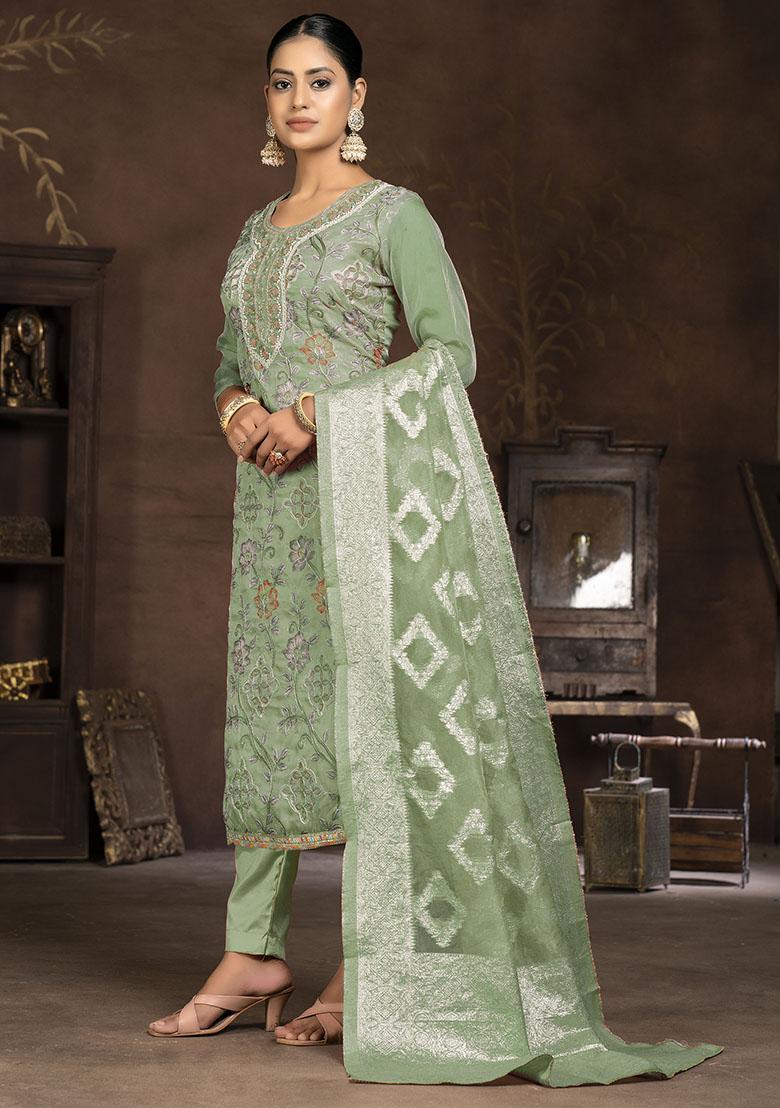 Pista Green Striped Modal Dress Material