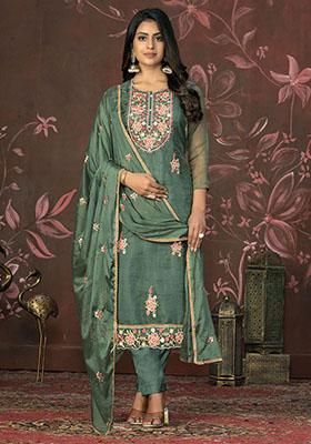 Green Striped Modal Dress Material