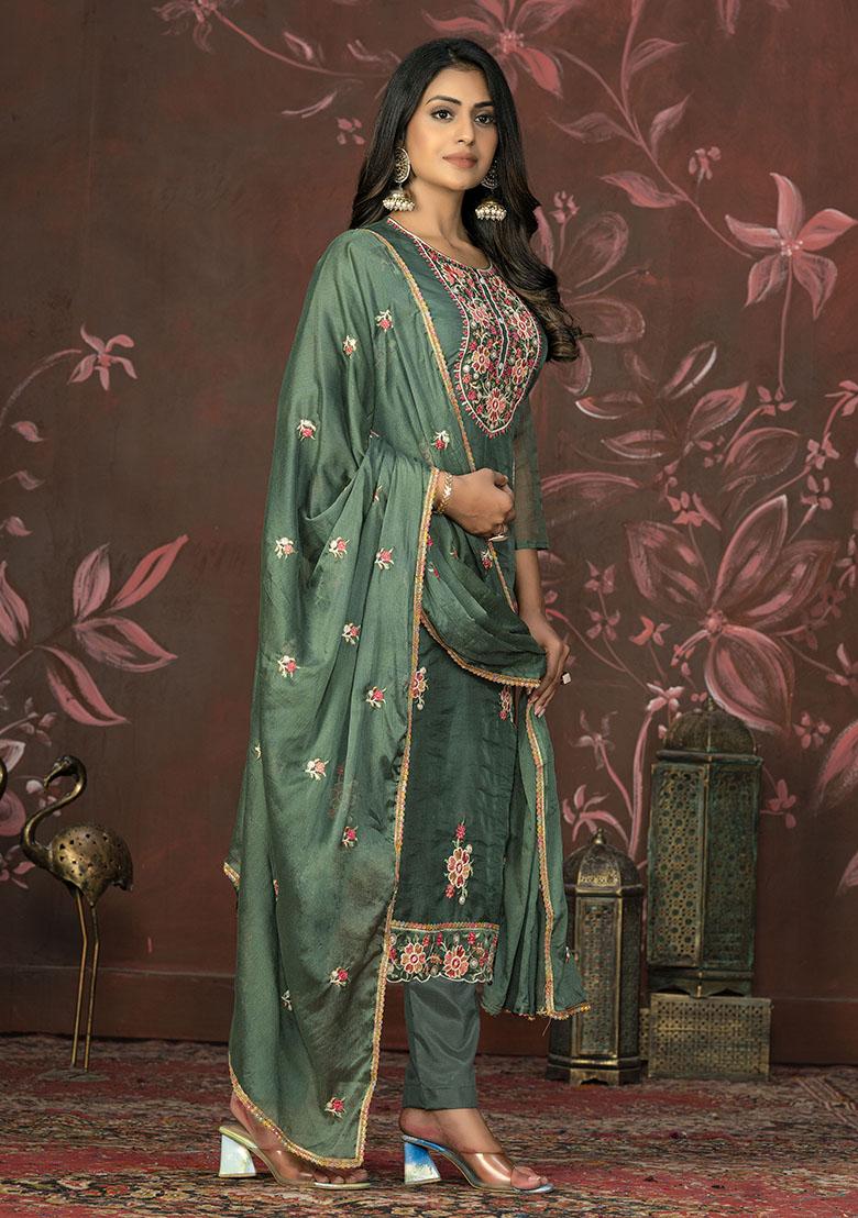 Green Striped Modal Dress Material