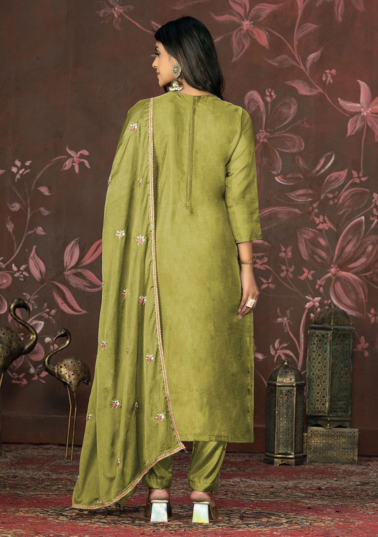 Mehendi Green Embroidered Organza Dress Material