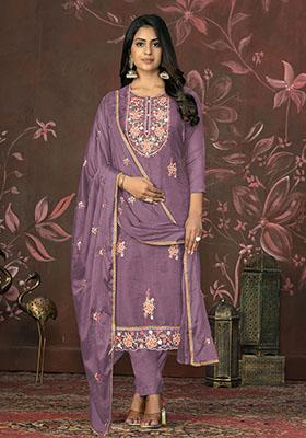 Onion Pink Embroidered Organza Dress Material