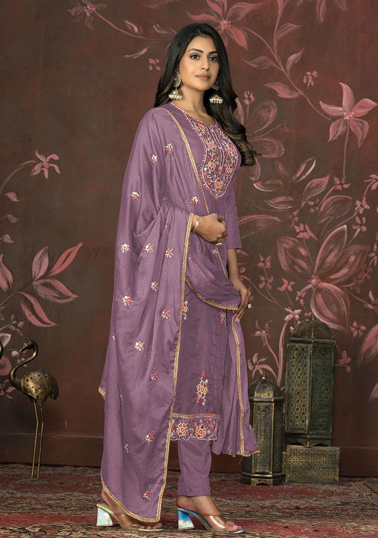 Onion Pink Embroidered Organza Dress Material